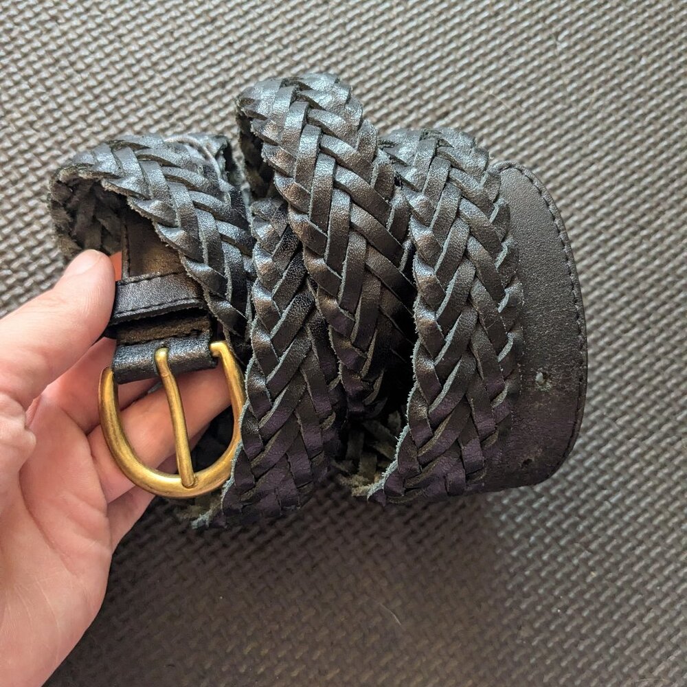 Vintage Black Braided Leather Belt with Brass Buckle